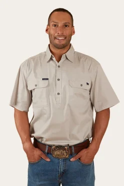 Pack Saddle Mens Short Sleeve Half Button Work Shirt - Beige