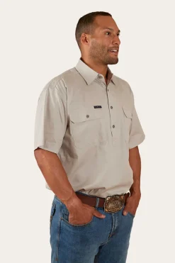 Pack Saddle Mens Short Sleeve Half Button Work Shirt - Beige