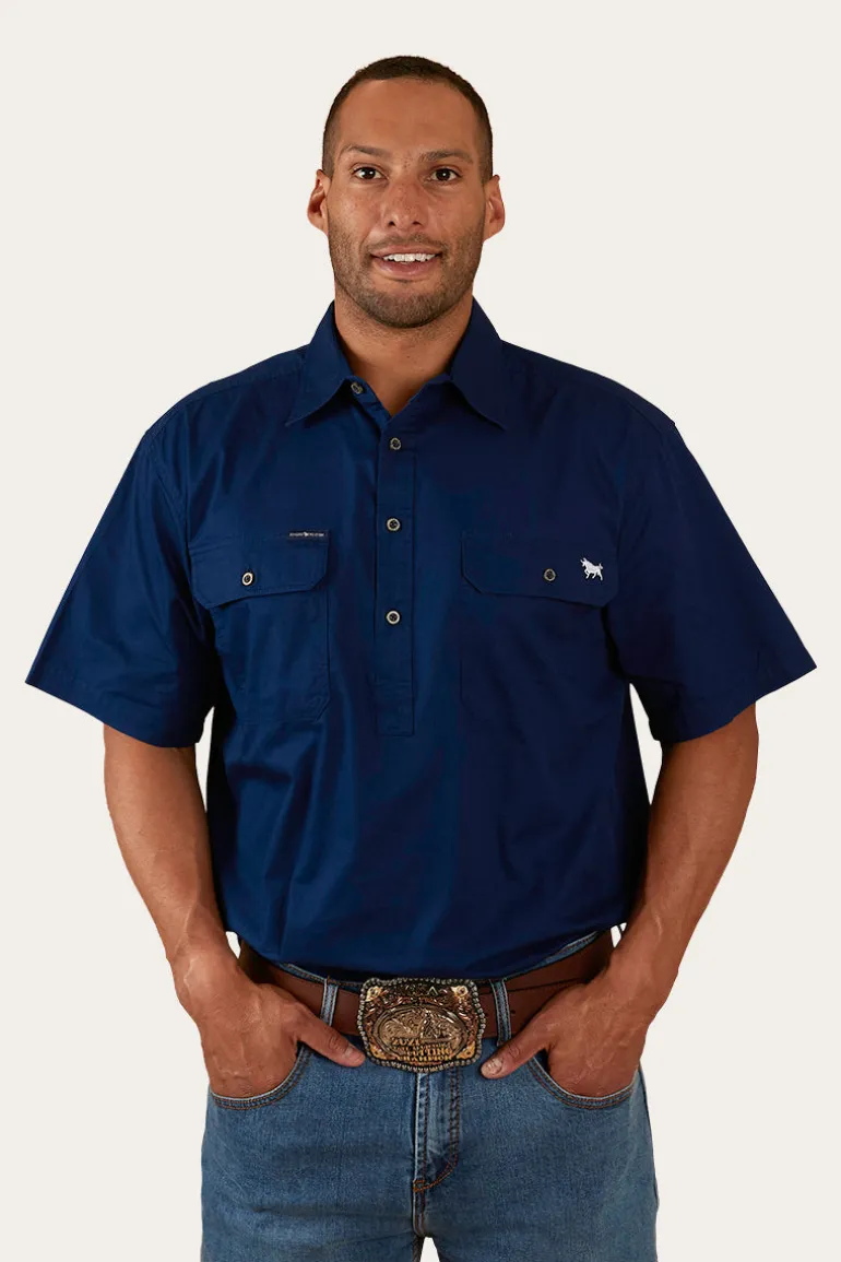 Pack Saddle Mens Short Sleeve Half Button Work Shirt - Navy