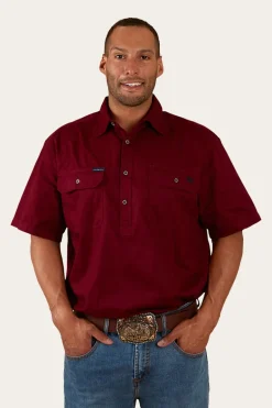 Pack Saddle Mens Short Sleeve Half Button Work Shirt - Burgundy