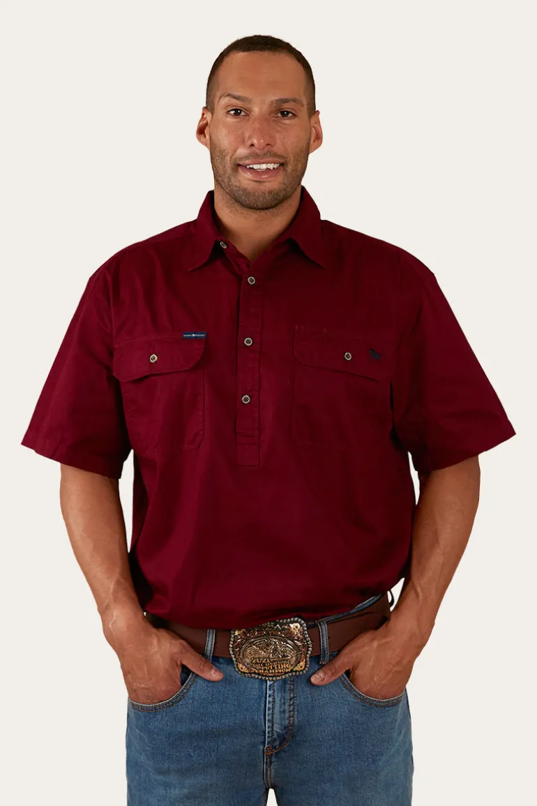 Pack Saddle Mens Short Sleeve Half Button Work Shirt - Burgundy