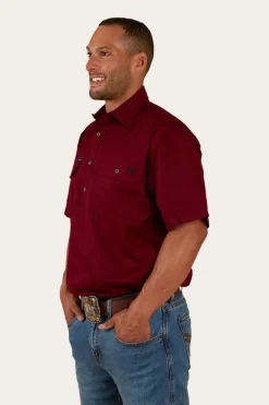 Pack Saddle Mens Short Sleeve Half Button Work Shirt - Burgundy