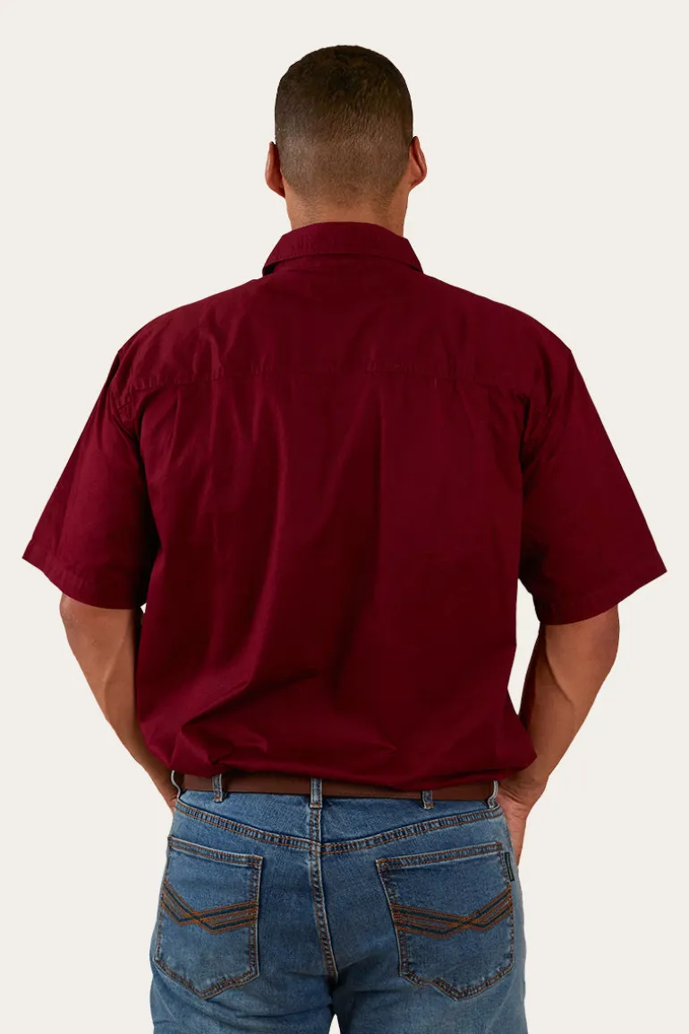Pack Saddle Mens Short Sleeve Half Button Work Shirt - Burgundy