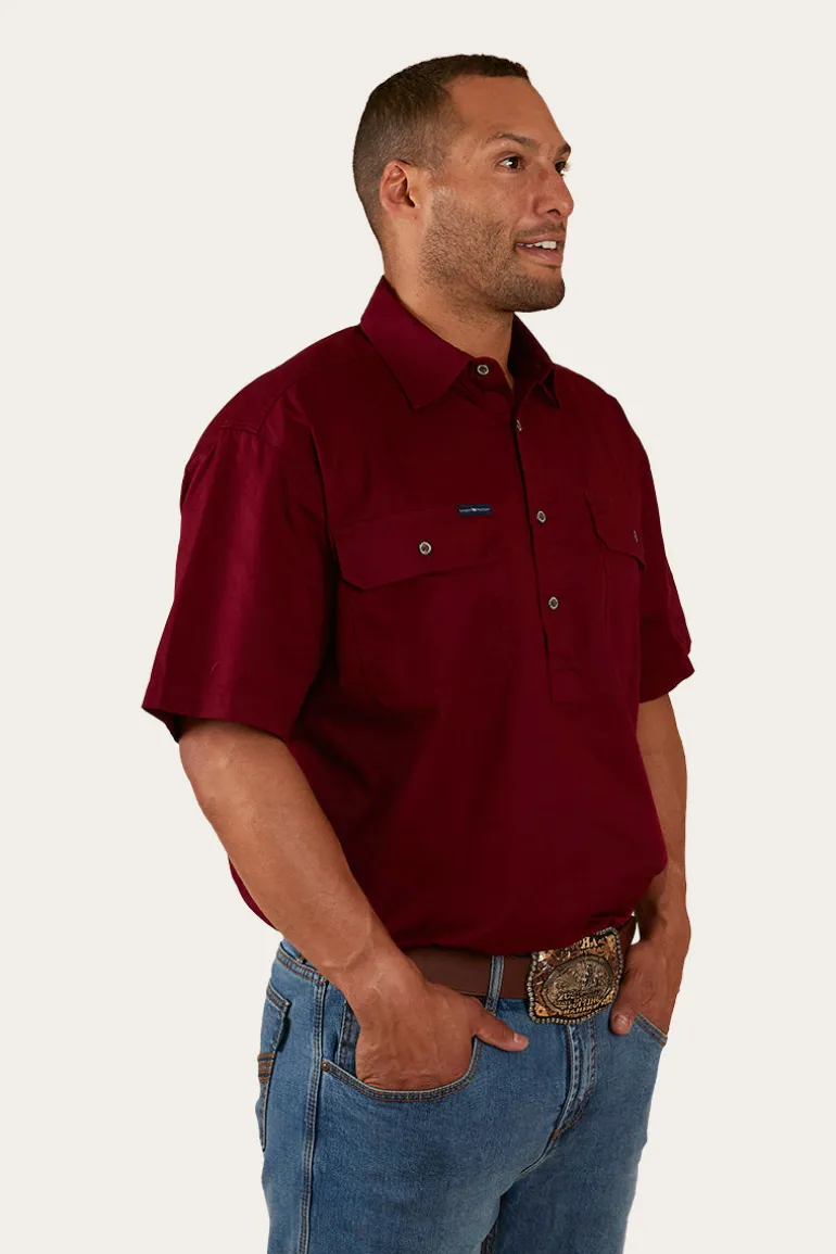 Pack Saddle Mens Short Sleeve Half Button Work Shirt - Burgundy