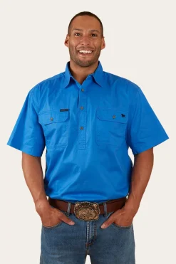 Pack Saddle Mens Short Sleeve Half Button Work Shirt - Blue
