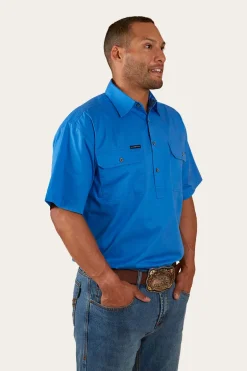 Pack Saddle Mens Short Sleeve Half Button Work Shirt - Blue