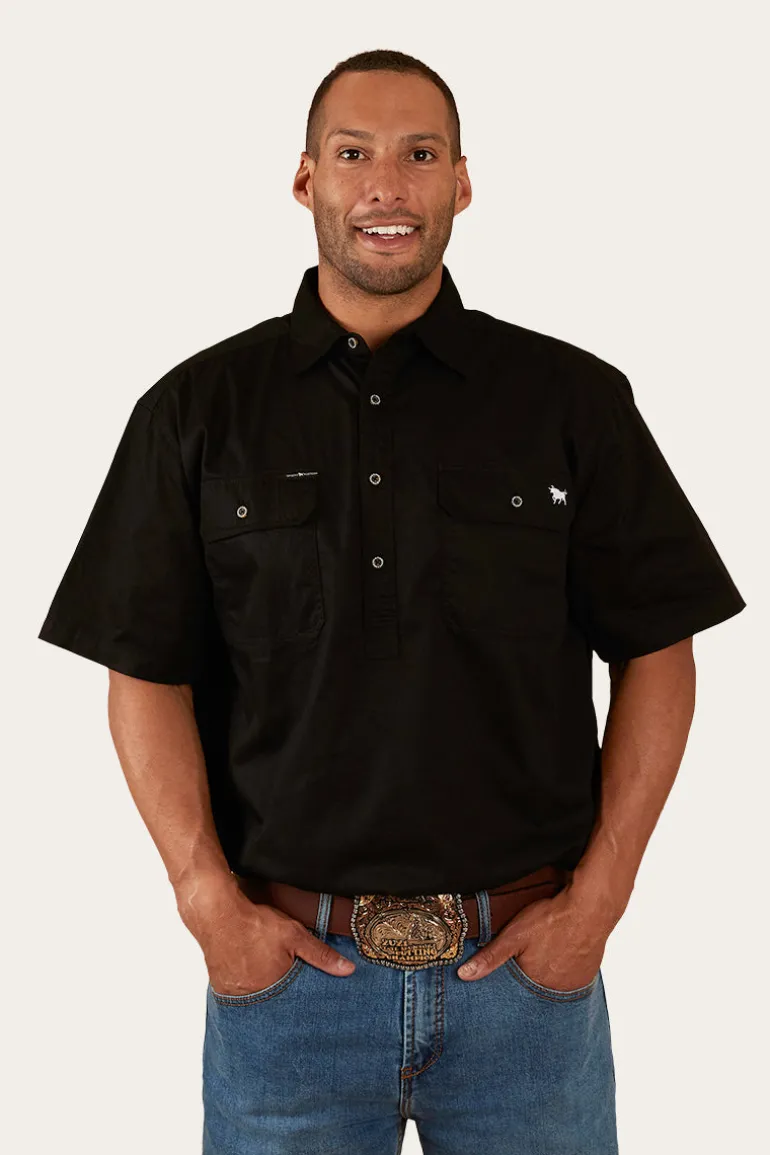 Pack Saddle Mens Short Sleeve Half Button Work Shirt - Black