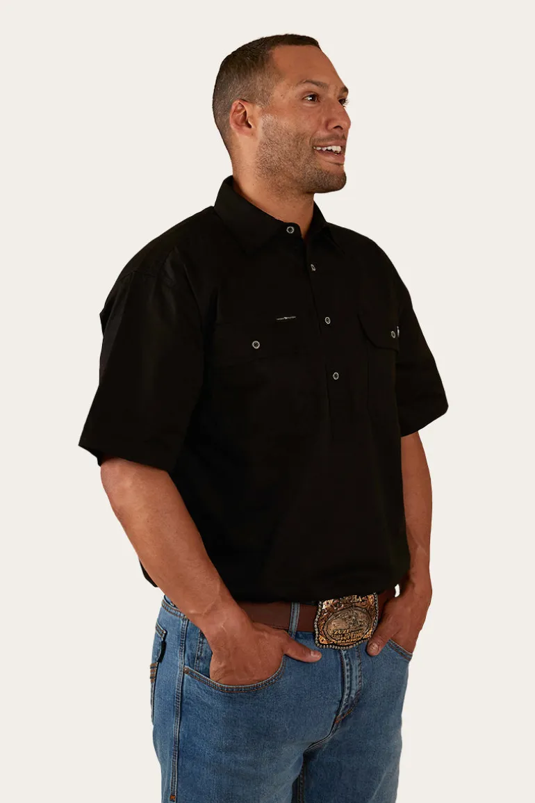 Pack Saddle Mens Short Sleeve Half Button Work Shirt - Black
