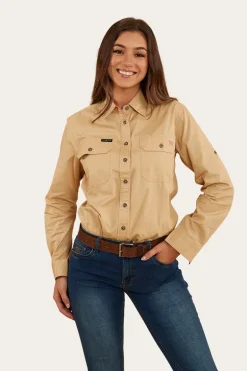 Pentecost River Womens Full Button Work Shirt - Dark Sand/Melon