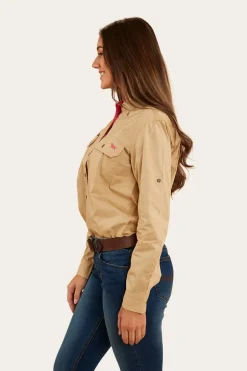 Pentecost River Womens Full Button Work Shirt - Dark Sand/Melon