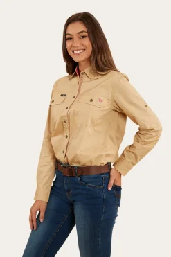 Pentecost River Womens Full Button Work Shirt - Dark Sand/Melon