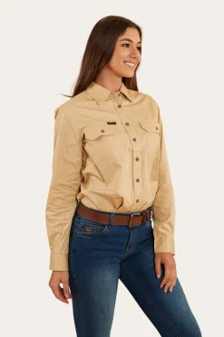 Pentecost River Womens Full Button Work Shirt - Dark Sand/Melon