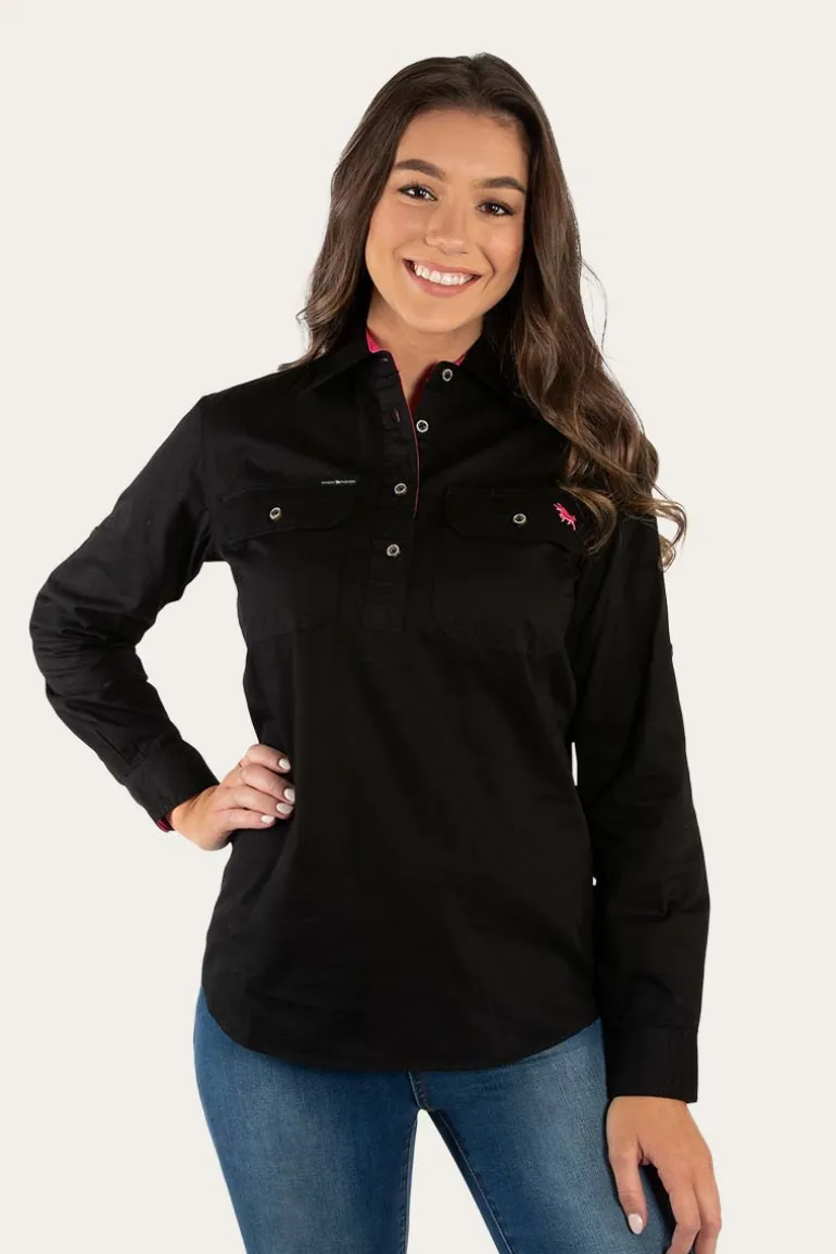 Pentecost River Womens Half Button Work Shirt - Black/Melon
