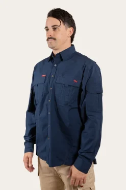 Pilbara Mens Ripstop Full Button Work Shirt - Dark Navy