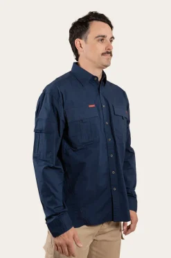 Pilbara Mens Ripstop Full Button Work Shirt - Dark Navy