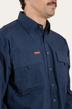 Pilbara Mens Ripstop Full Button Work Shirt - Dark Navy
