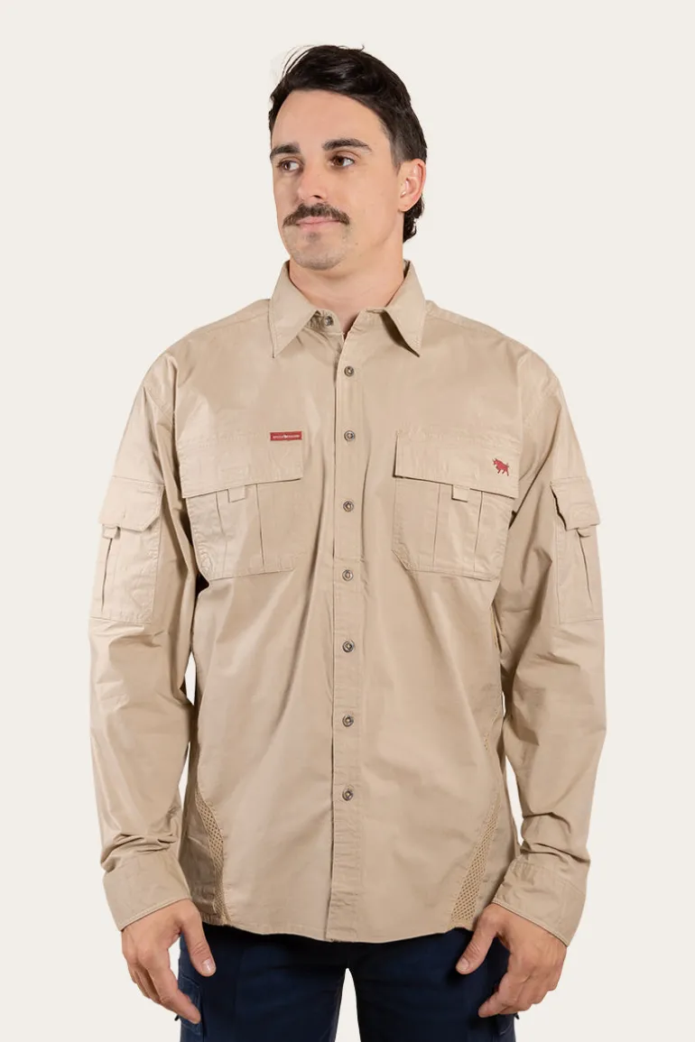 Pilbara Mens Ripstop Full Button Work Shirt - Camel