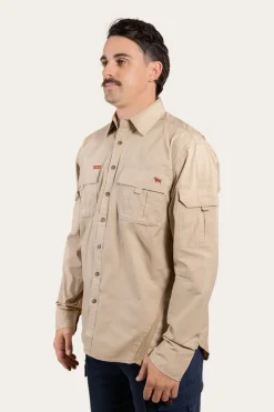 Pilbara Mens Ripstop Full Button Work Shirt - Camel