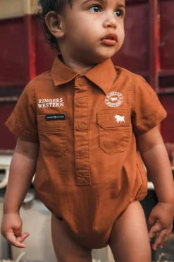 Ringers Babies Short Sleeve Work Shirt Romper - Tobacco / White