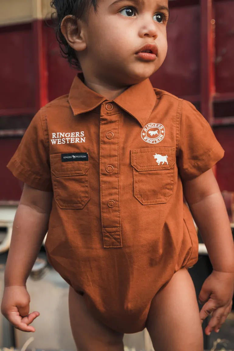 Ringers Babies Short Sleeve Work Shirt Romper - Tobacco / White