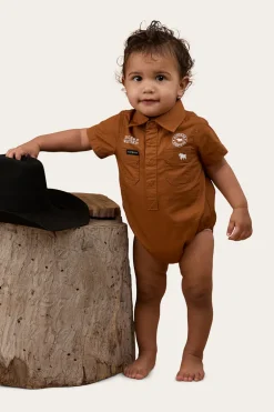 Ringers Babies Short Sleeve Work Shirt Romper - Tobacco / White