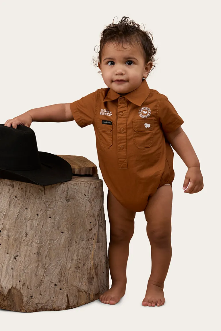 Ringers Babies Short Sleeve Work Shirt Romper - Tobacco / White