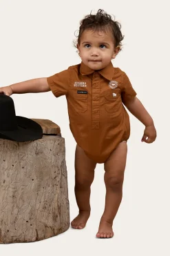 Ringers Babies Short Sleeve Work Shirt Romper - Tobacco / White