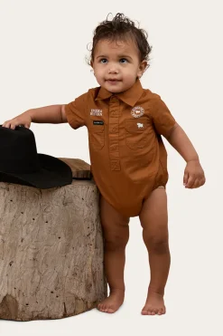 Ringers Babies Short Sleeve Work Shirt Romper - Tobacco / White