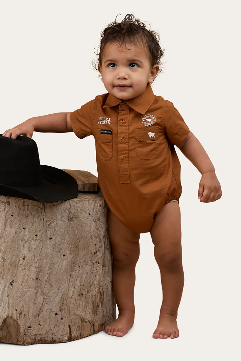 Ringers Babies Short Sleeve Work Shirt Romper - Tobacco / White