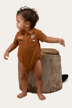 Ringers Babies Short Sleeve Work Shirt Romper - Tobacco / White