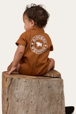 Ringers Babies Short Sleeve Work Shirt Romper - Tobacco / White