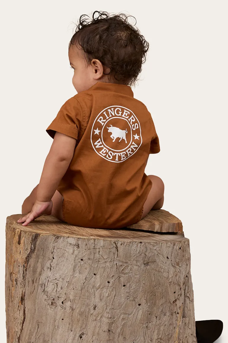 Ringers Babies Short Sleeve Work Shirt Romper - Tobacco / White