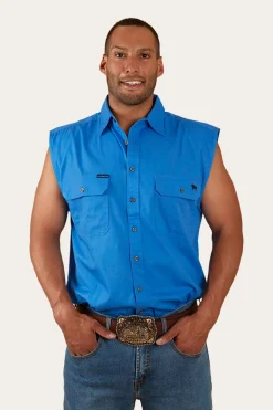 Rob Roy Mens Sleeveless Full Button Work Shirt - Blue