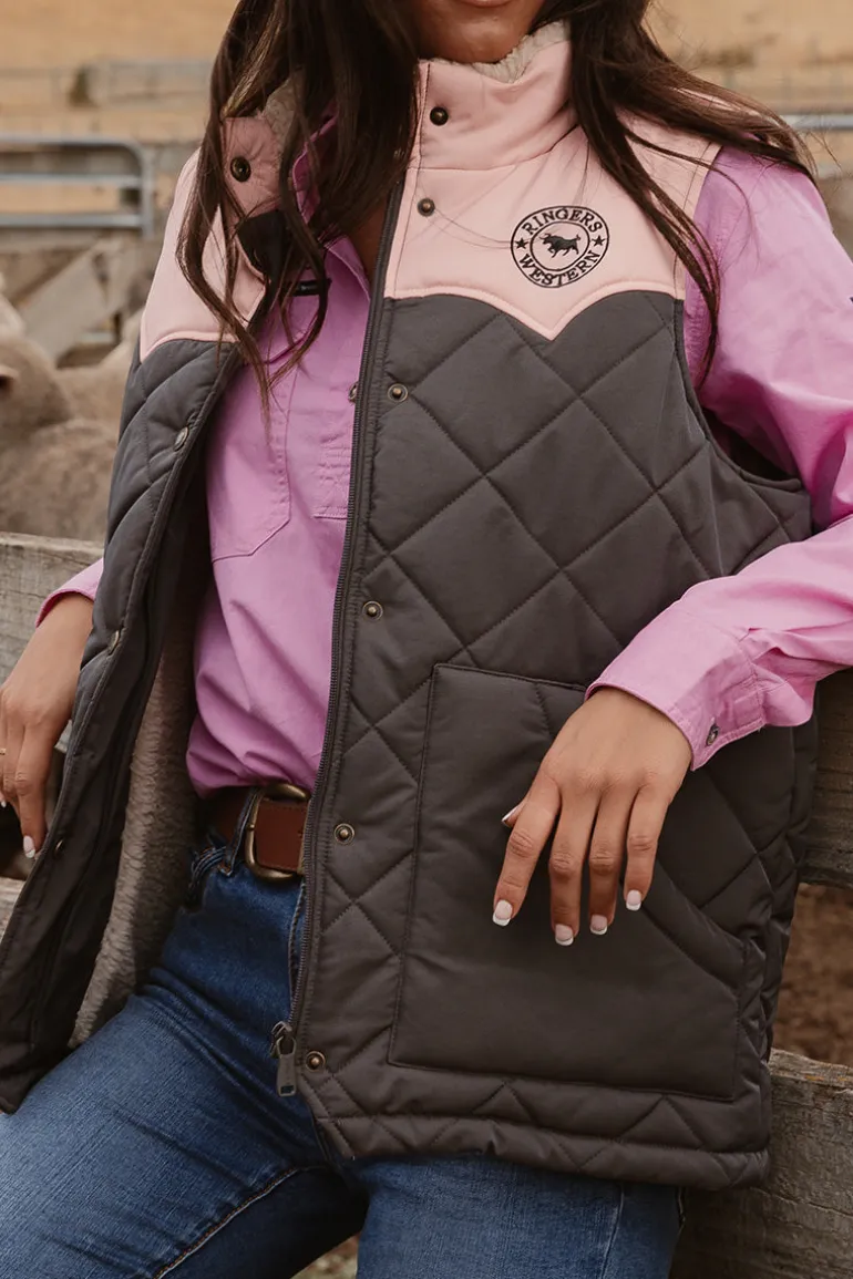Selwyn Womens Puffer Vest - Charcoal / Pink
