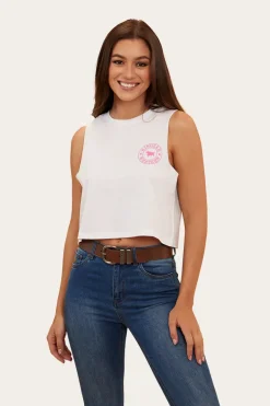 Signature Bull Womens Crop Muscle Tank - White/Candy