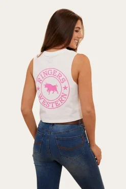 Signature Bull Womens Crop Muscle Tank - White/Candy