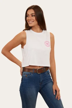 Signature Bull Womens Crop Muscle Tank - White/Candy