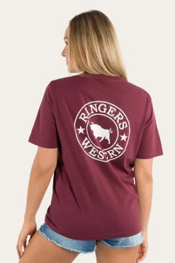 Signature Bull Womens Loose Fit T-Shirt - Burgundy/White