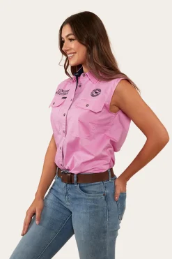 Signature Jillaroo Womens Sleeveless Work Shirt - Pastel Pink/Navy