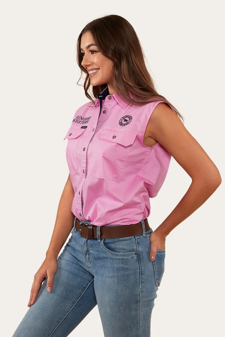 Signature Jillaroo Womens Sleeveless Work Shirt - Pastel Pink/Navy