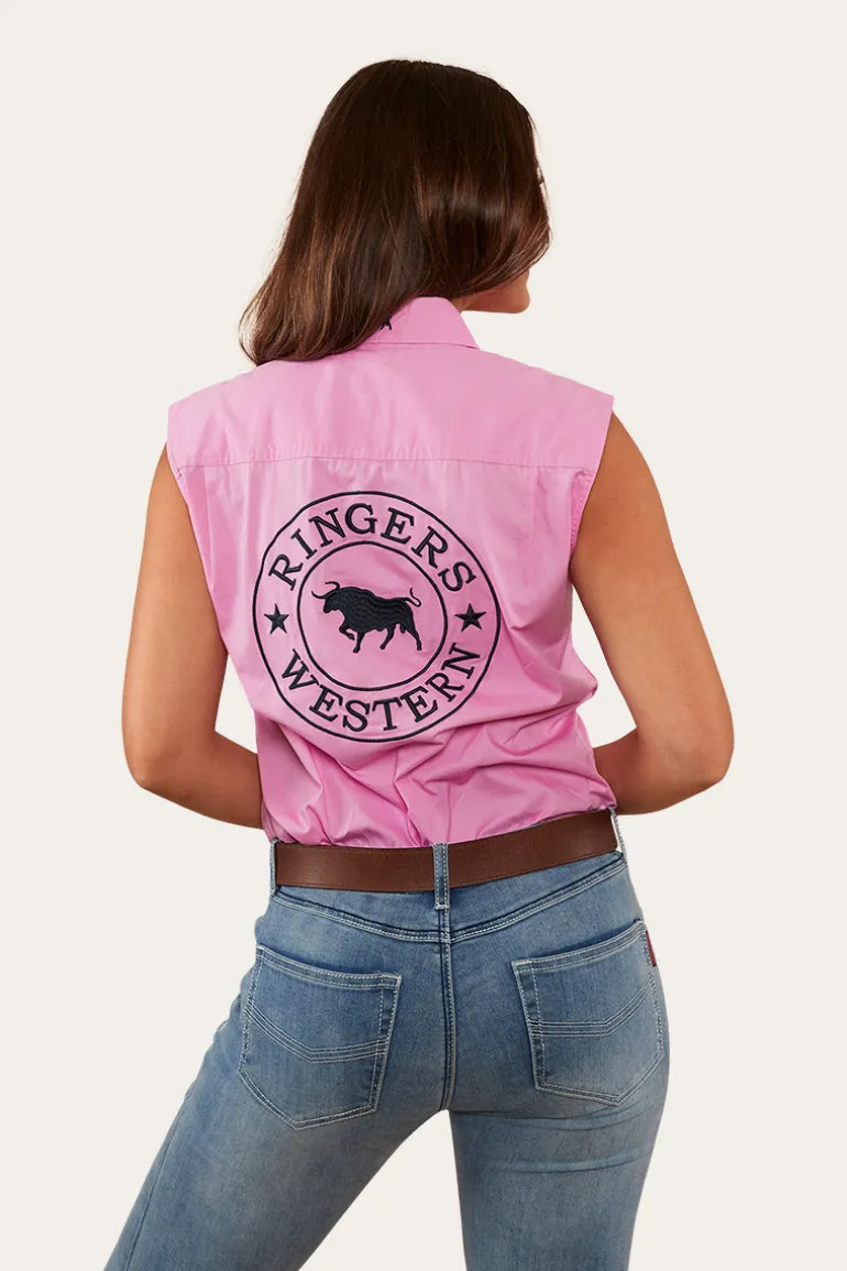 Signature Jillaroo Womens Sleeveless Work Shirt - Pastel Pink/Navy
