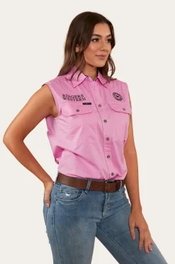 Signature Jillaroo Womens Sleeveless Work Shirt - Pastel Pink/Navy
