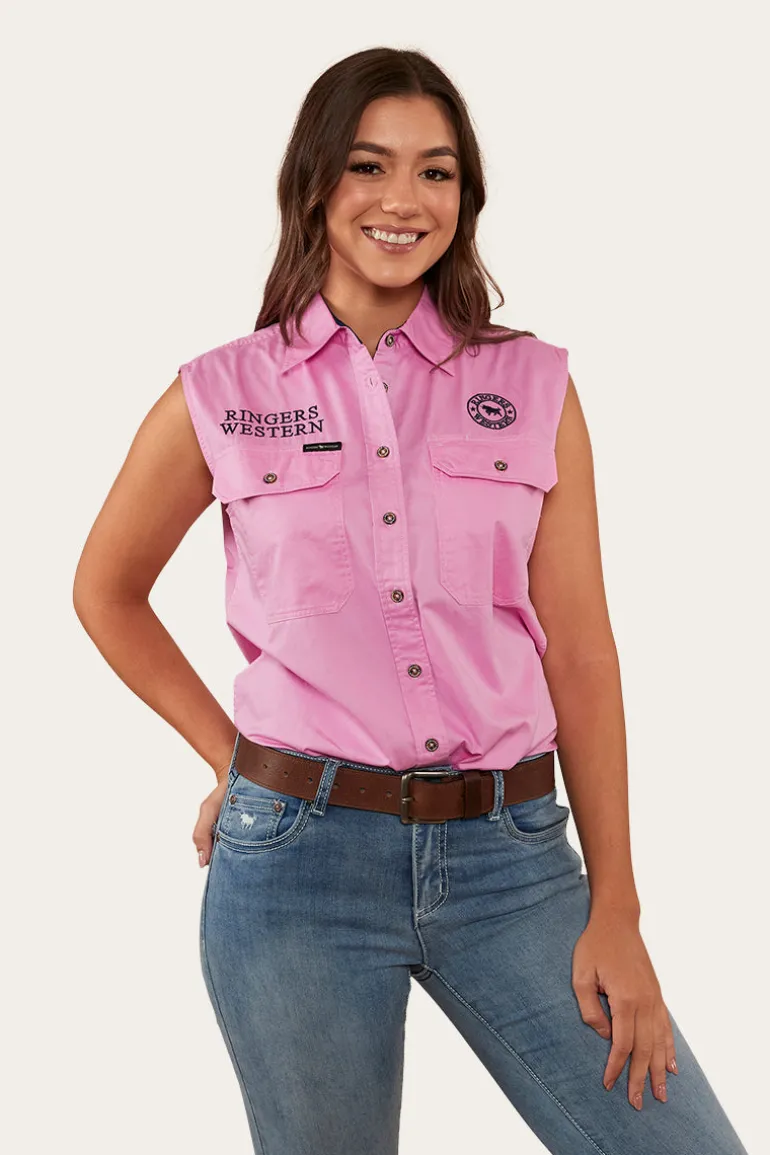 Signature Jillaroo Womens Sleeveless Work Shirt - Pastel Pink/Navy