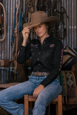 Signature Jillaroo Womens Full Button Work Shirt - Black/Melon