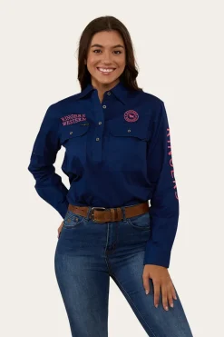 Signature Jillaroo Womens Half Button Work Shirt - Navy/Melon