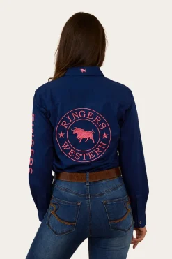 Signature Jillaroo Womens Half Button Work Shirt - Navy/Melon