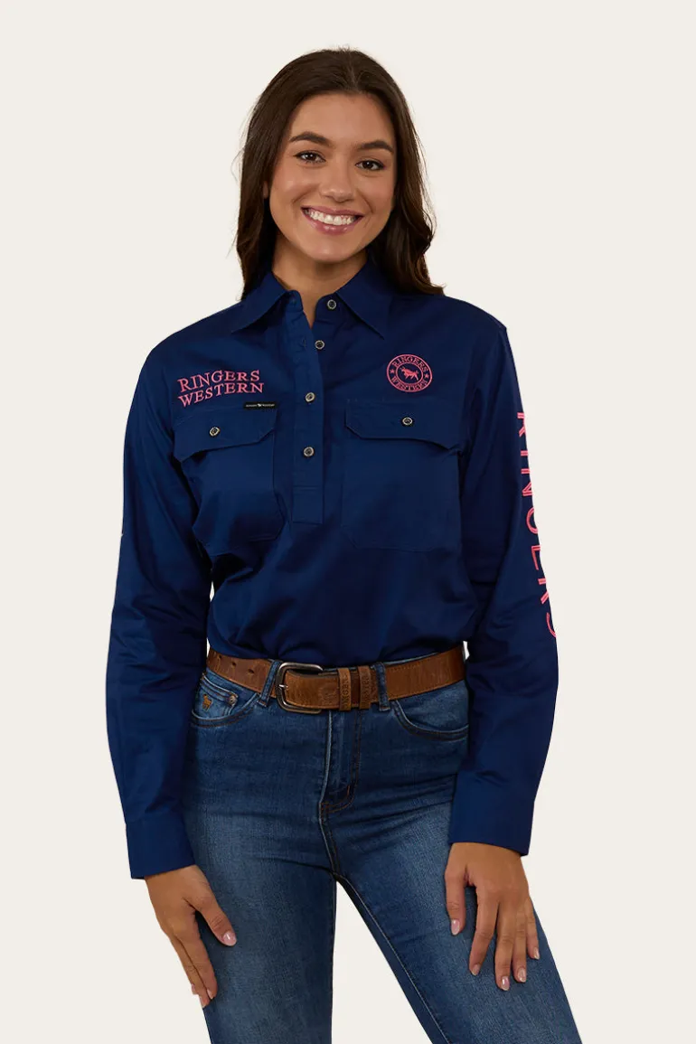 Signature Jillaroo Womens Half Button Work Shirt - Navy/Melon