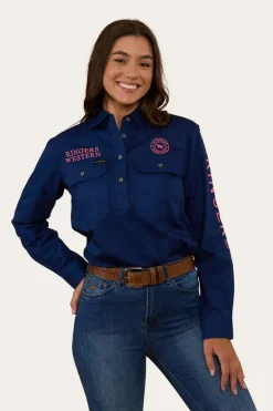 Signature Jillaroo Womens Half Button Work Shirt - Navy/Melon