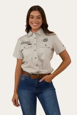Signature Jillaroo Womens Full Button Short Sleeve Work Shirt - Beige / Navy