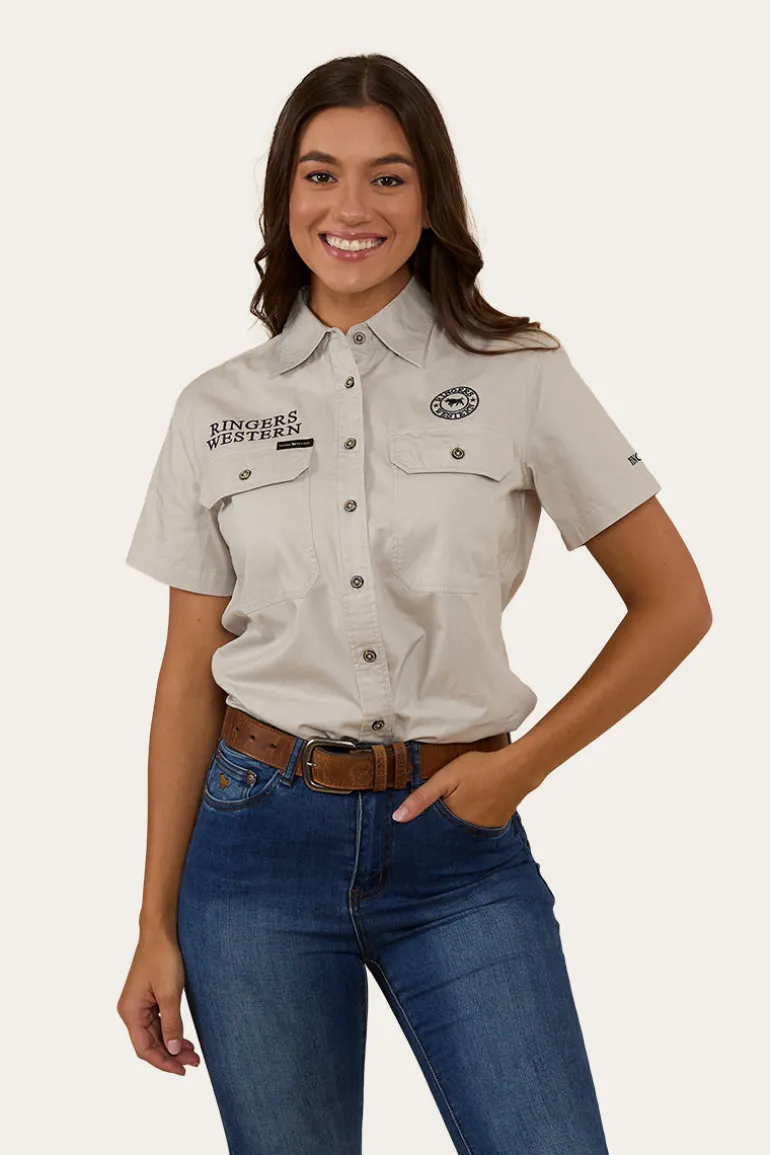 Signature Jillaroo Womens Full Button Short Sleeve Work Shirt - Beige / Navy